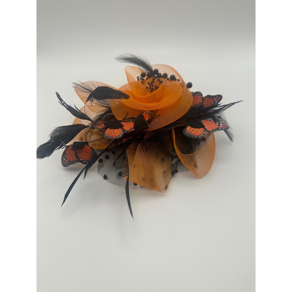 Orange Black Butterfly Fascinator Hair Clip Mesh Rose Feather Tea Party Hat